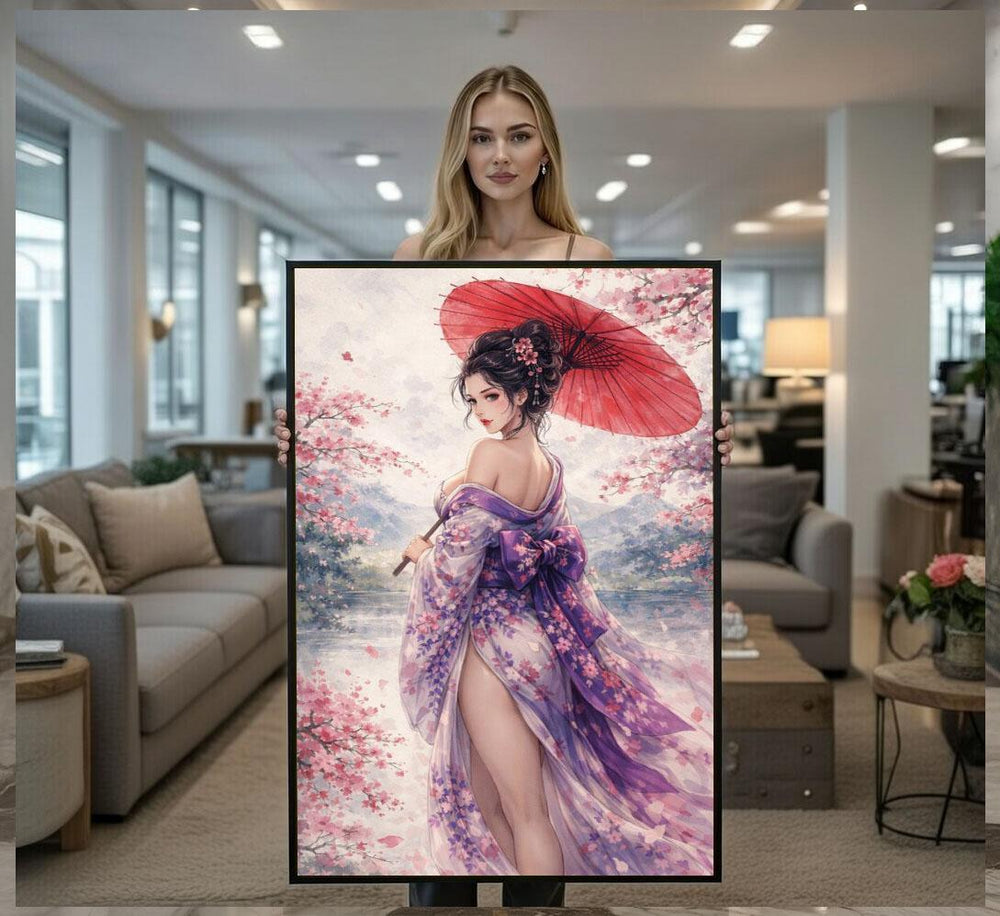 Japanese Geisha Canvas  Red Umbrella Cherry Blossom Art