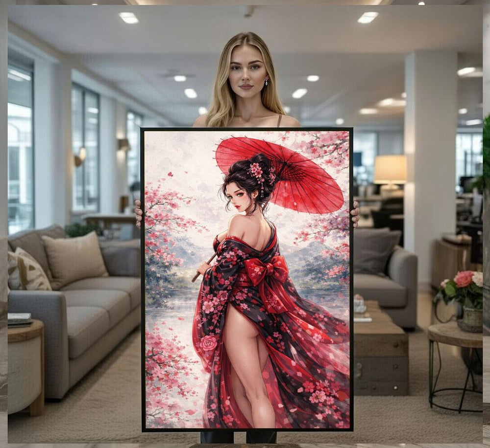 Japanese Geisha Canvas  Red Kimono Art