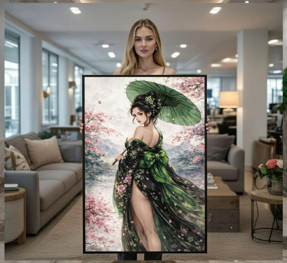 Japanese Geisha Canvas  Moss Green Parasol Art