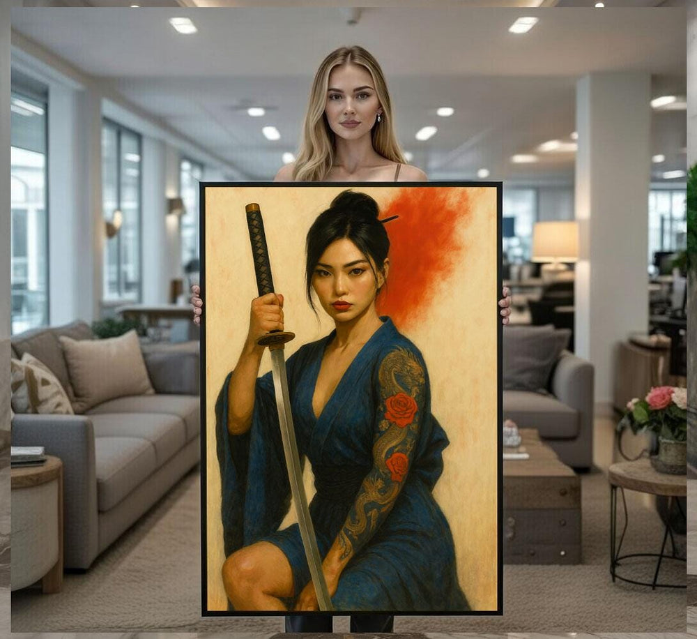 Samurai Woman Canvas  Patina Blue Kimono Art