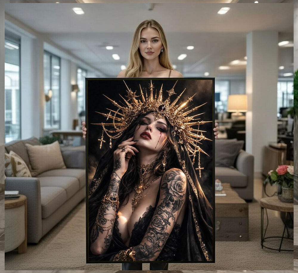 Gothic Goddess Canvas  Golden Crown Tattoo Art