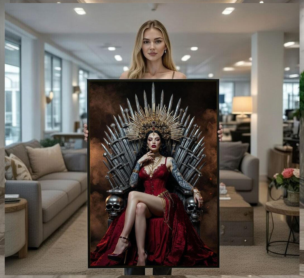 Queen On Throne Canvas  Regal Red Fantasy Art