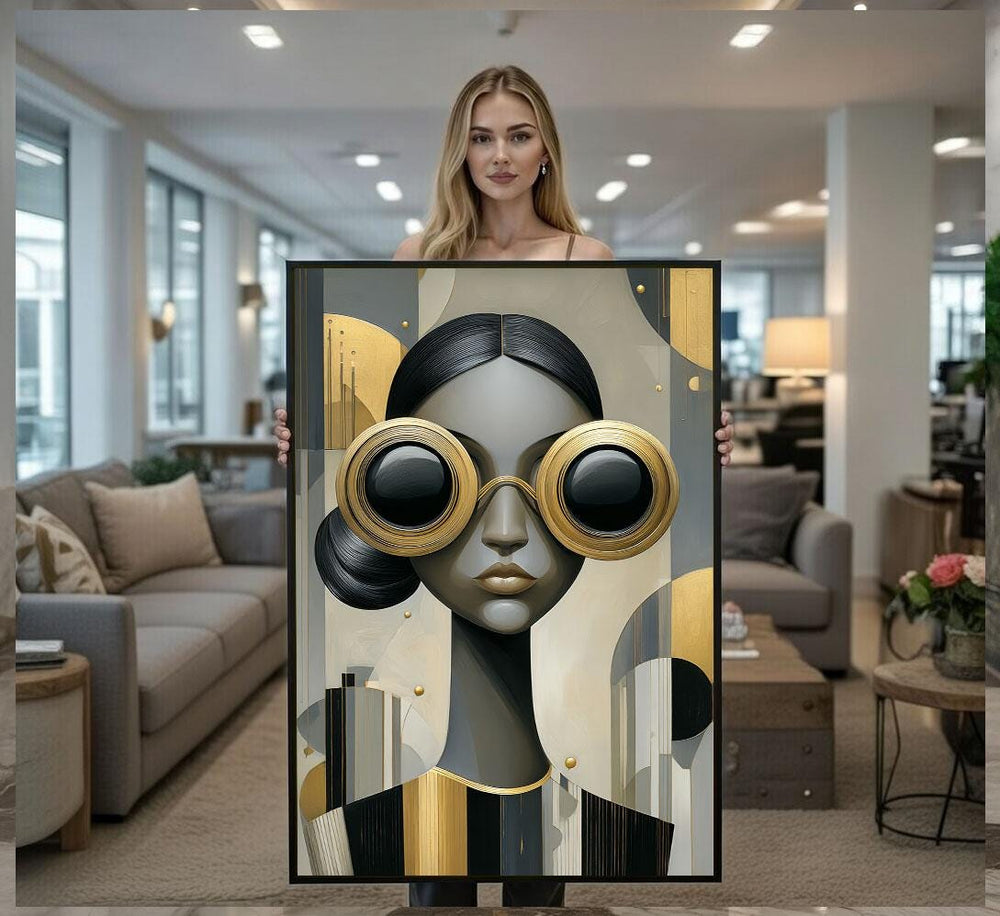 Abstract Woman Portrait Canvas  Gold Black Art Deco