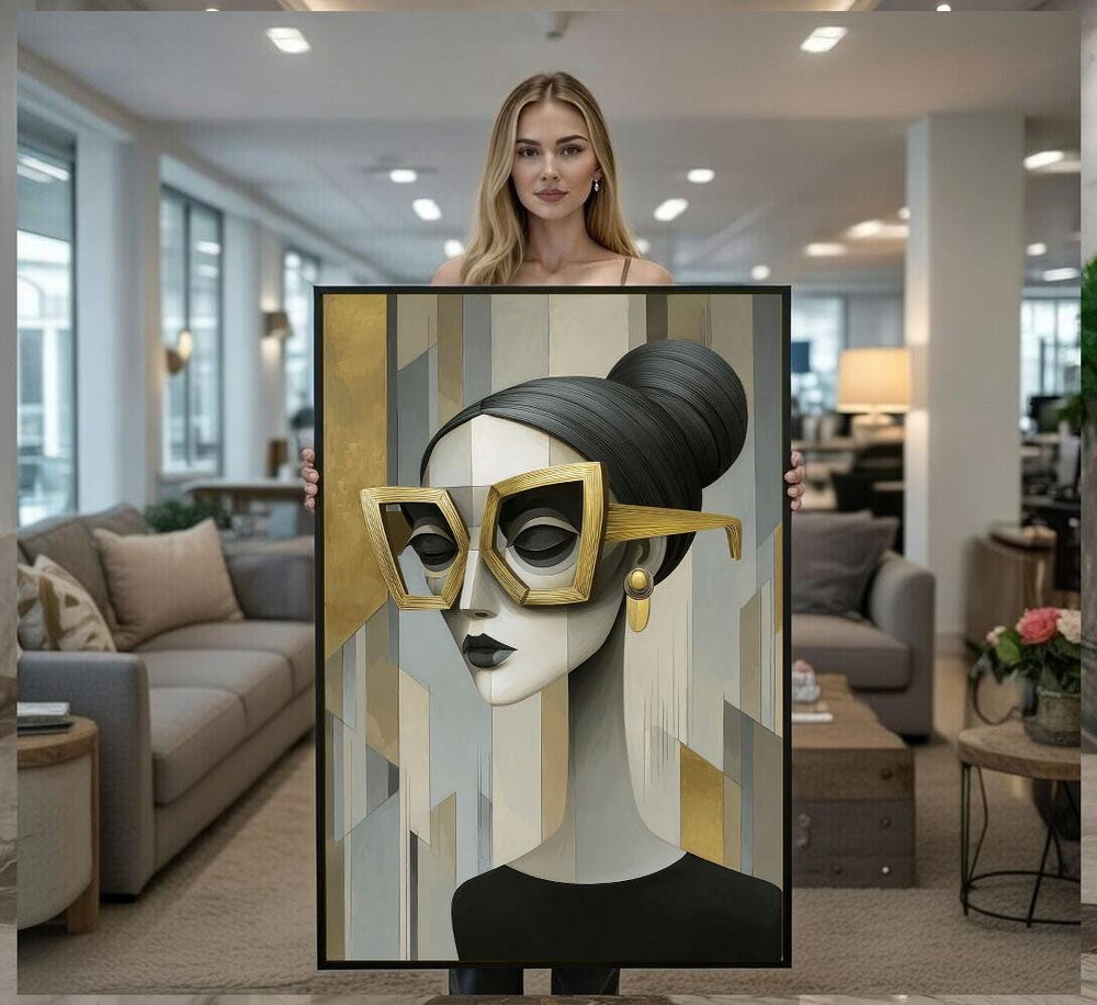 Golden Glasses Portrait Canvas  Modern Abstract Art