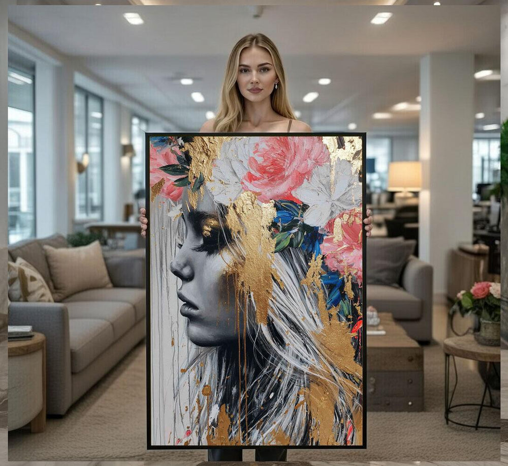 Golden Floral Portrait Canvas  Abstract Art