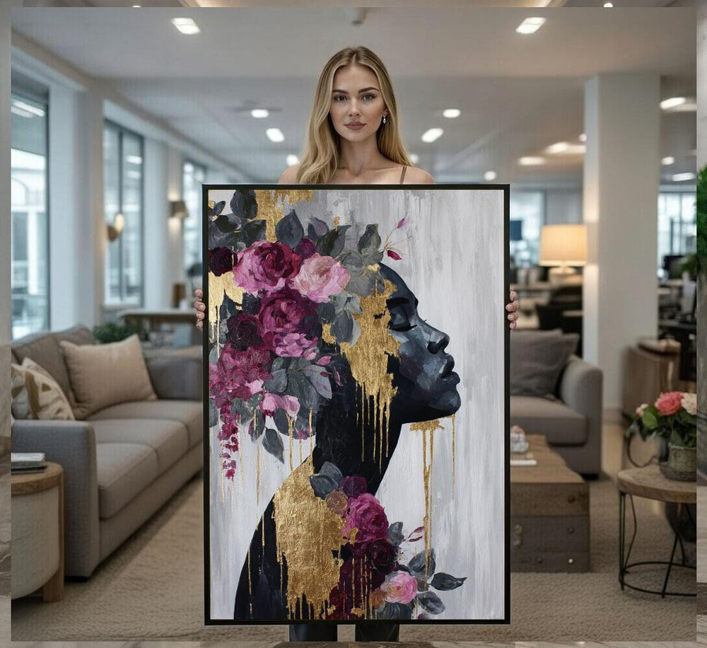 Golden Floral Portrait Canvas  Botanical Art