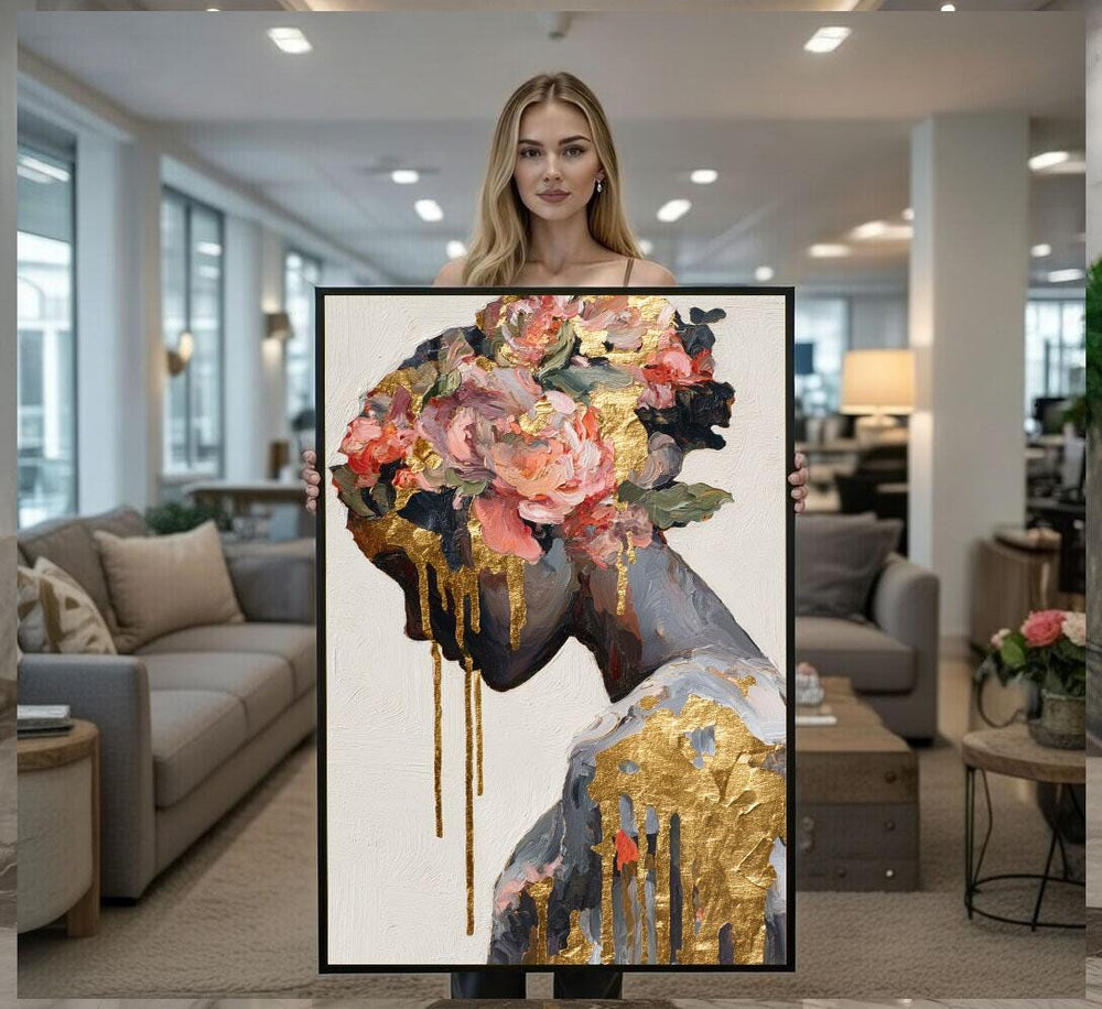 Floral Gold Drip Canvas  Modern Abstract Portrait Art