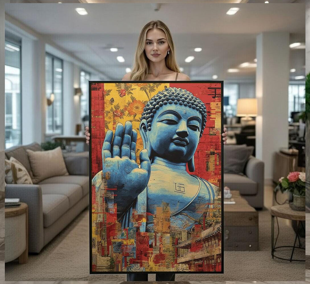 Buddha Patina Blue Canvas  Golden Red Spiritual Art