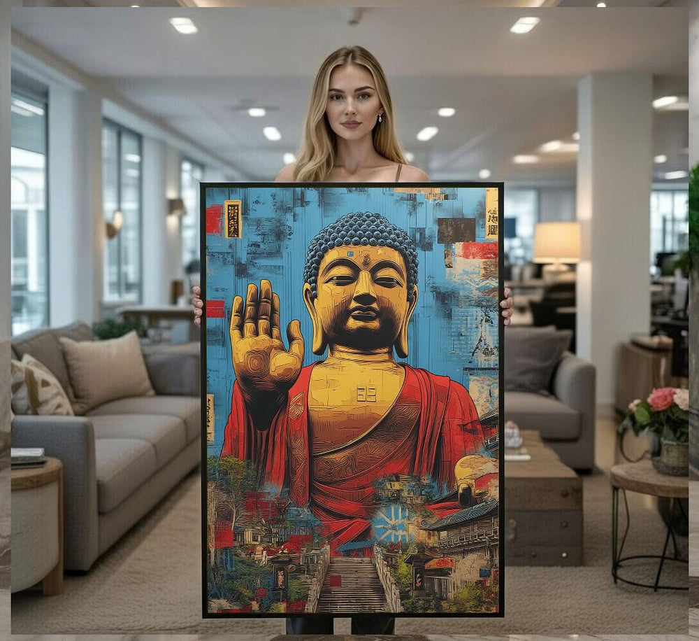 Buddha Canvas  Red Patina Blue Spiritual Art