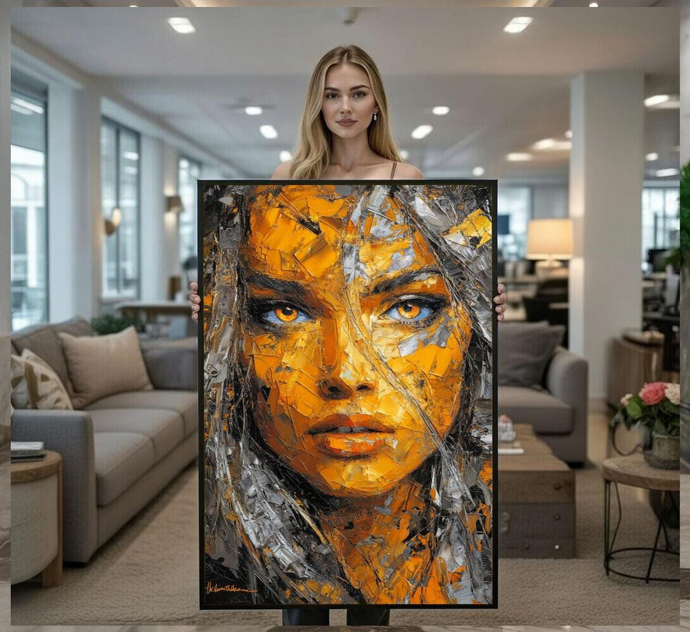 Abstract Woman Portrait Canvas  Orange Gray Art
