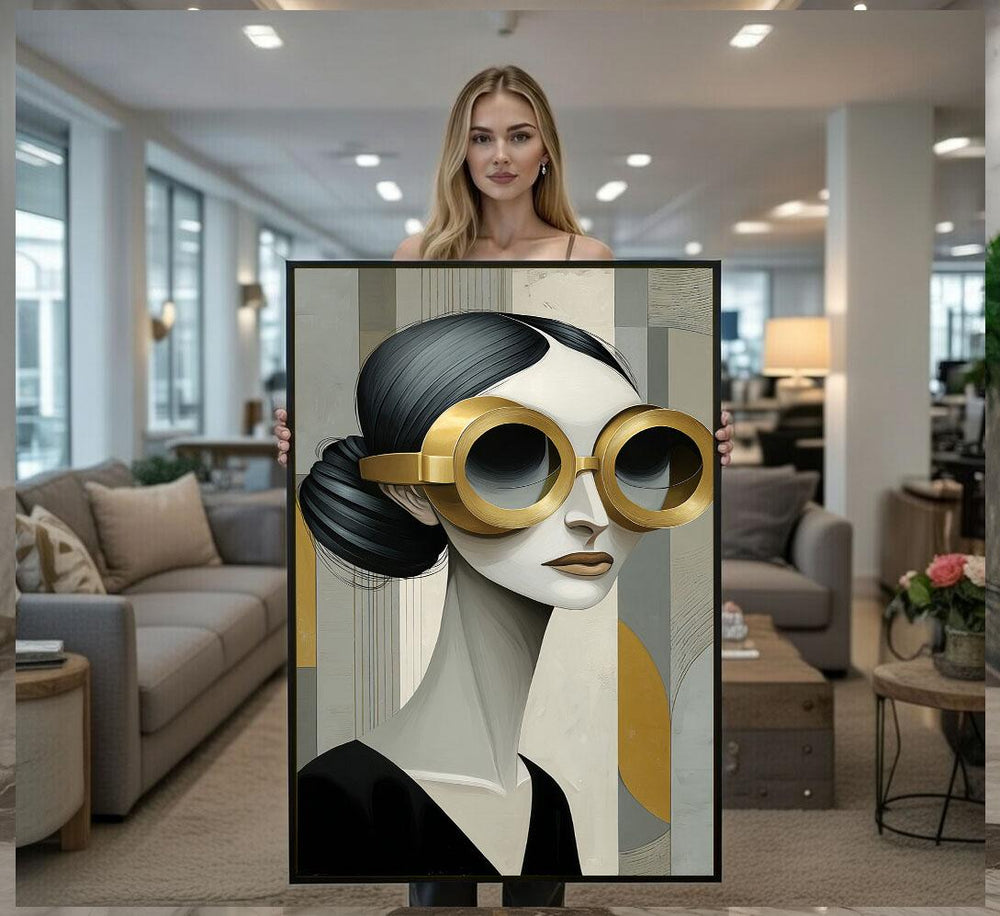 Golden Glasses Woman Canvas  Modern Portrait Art