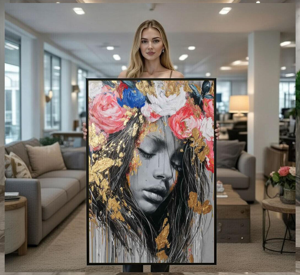 Floral Gold Portrait Canvas  Modern Abstract Art