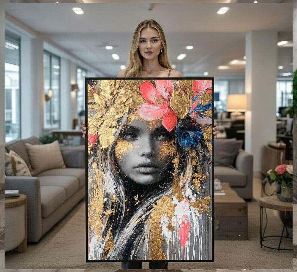 Golden Floral Portrait Canvas  Modern Abstract Art