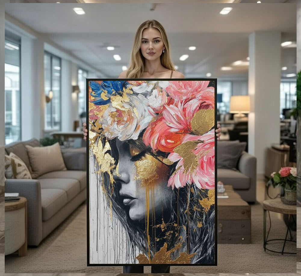 Floral Gold Accent Canvas  Abstract Portrait Art