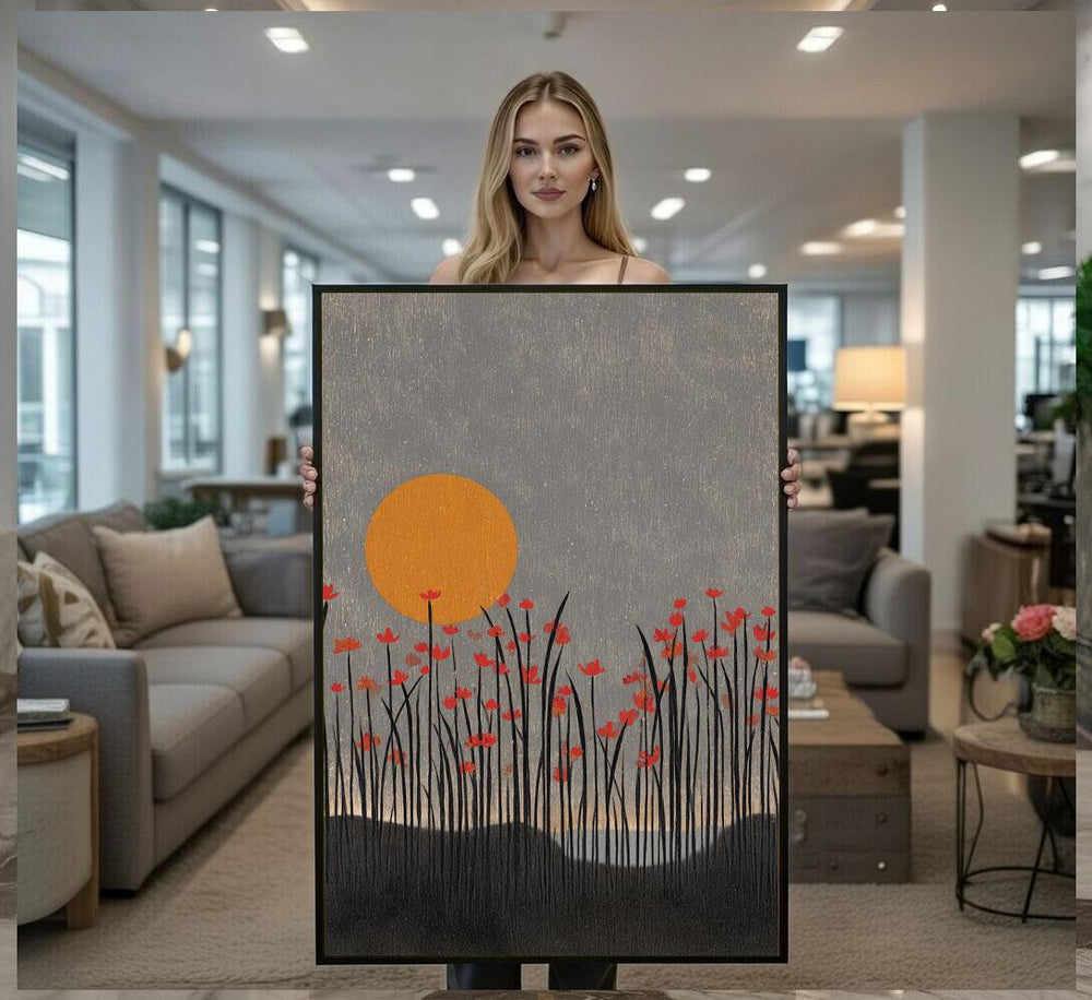 Orange Sun Floral Canvas  Modern Minimalist Art