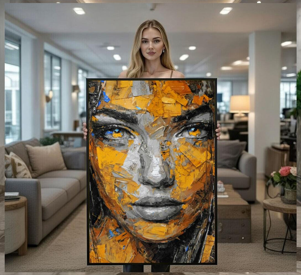 Abstract Woman Portrait Canvas  Gold Gray Art