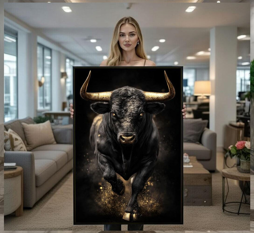 Golden Bull Canvas  Dynamic Black Gold Art