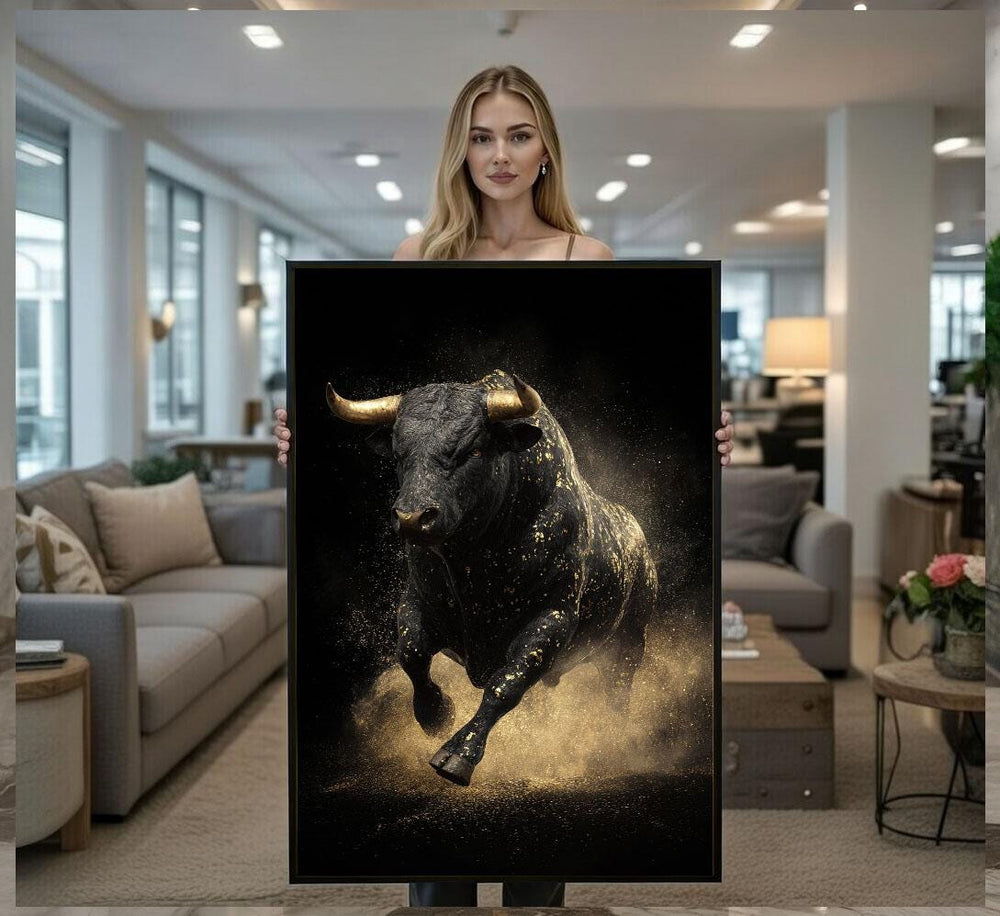 Golden Bull Canvas  Dynamic Black Gold Art