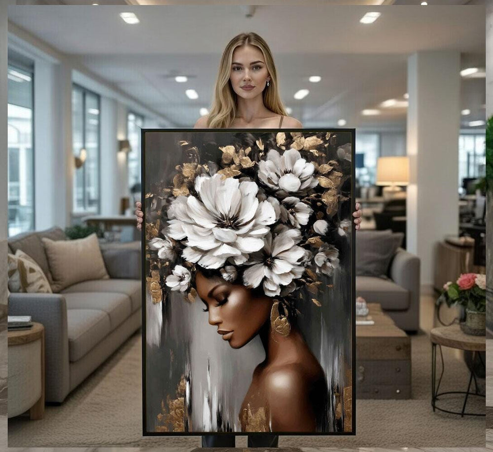 Floral Goddess Canvas  Gold White Portrait Art