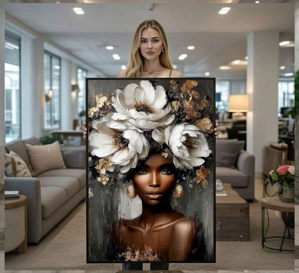 Golden Floral Woman Canvas  Portrait Art