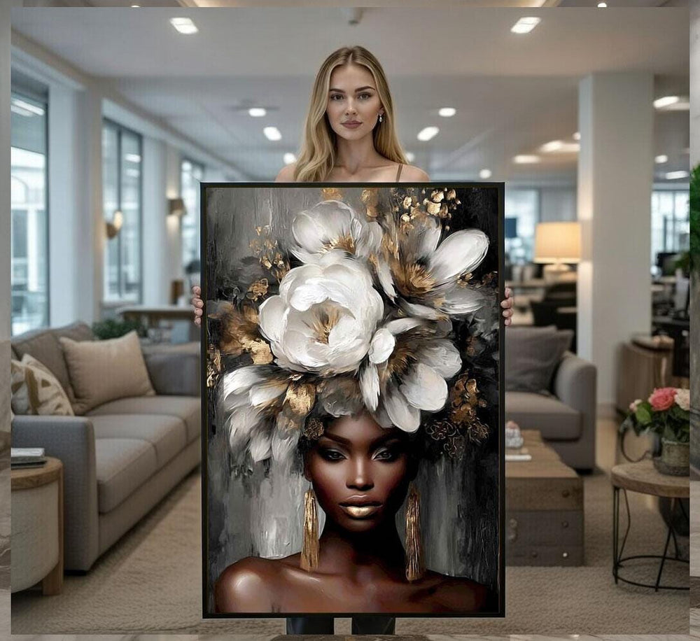 Floral Crown Woman Canvas  Gold White Portrait Art