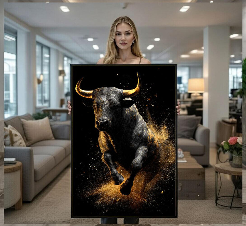 Golden Bull Canvas  Dynamic Black Gold Art