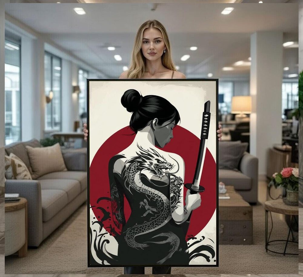 Samurai Woman Canvas  Red Black Dragon Tattoo Art