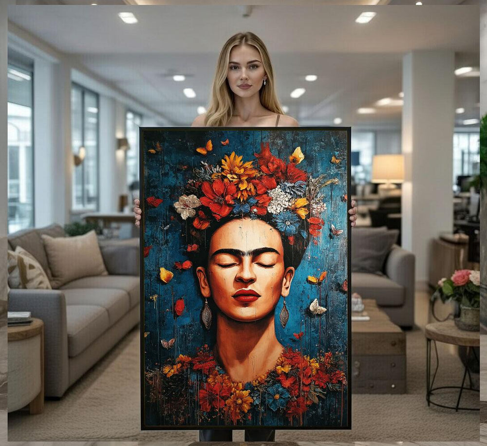 Frida Kahlo Inspired Canvas  Floral Patina Blue Portrait Art