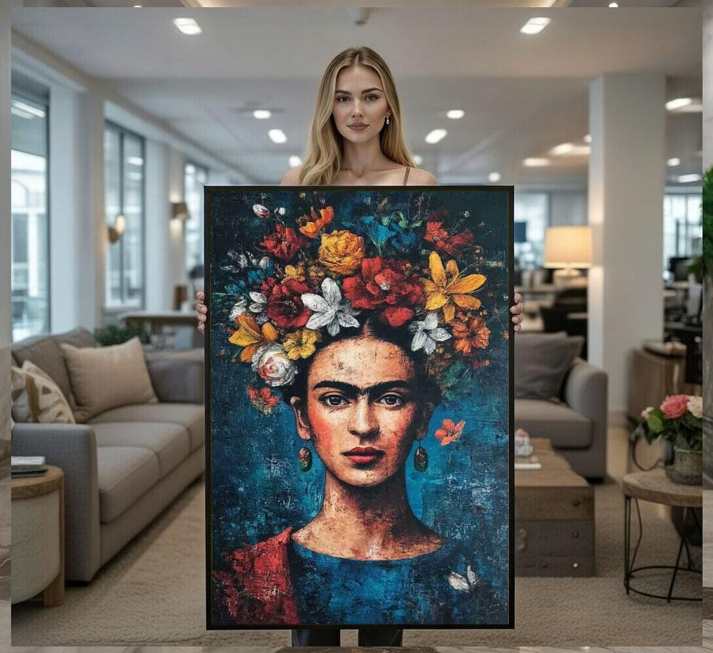Frida Kahlo Inspired Portrait Canvas  Vintage Floral Art