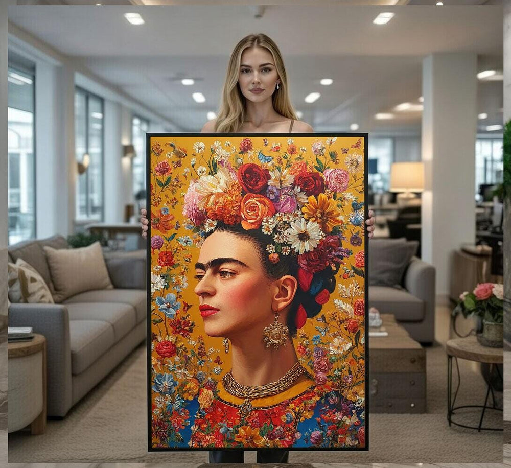 Frida Kahlo Inspired Portrait Canvas  Vibrant Floral Art Style