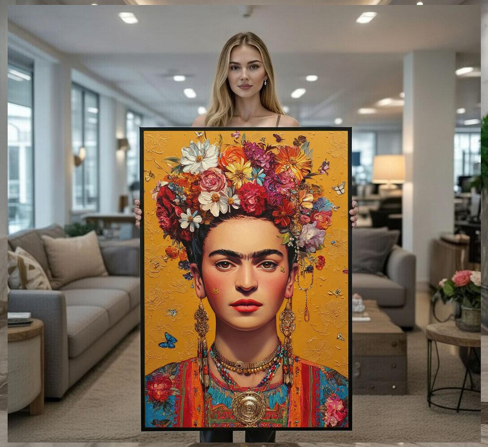 Frida Kahlo Inspired Portrait Canvas  Vibrant Floral Art