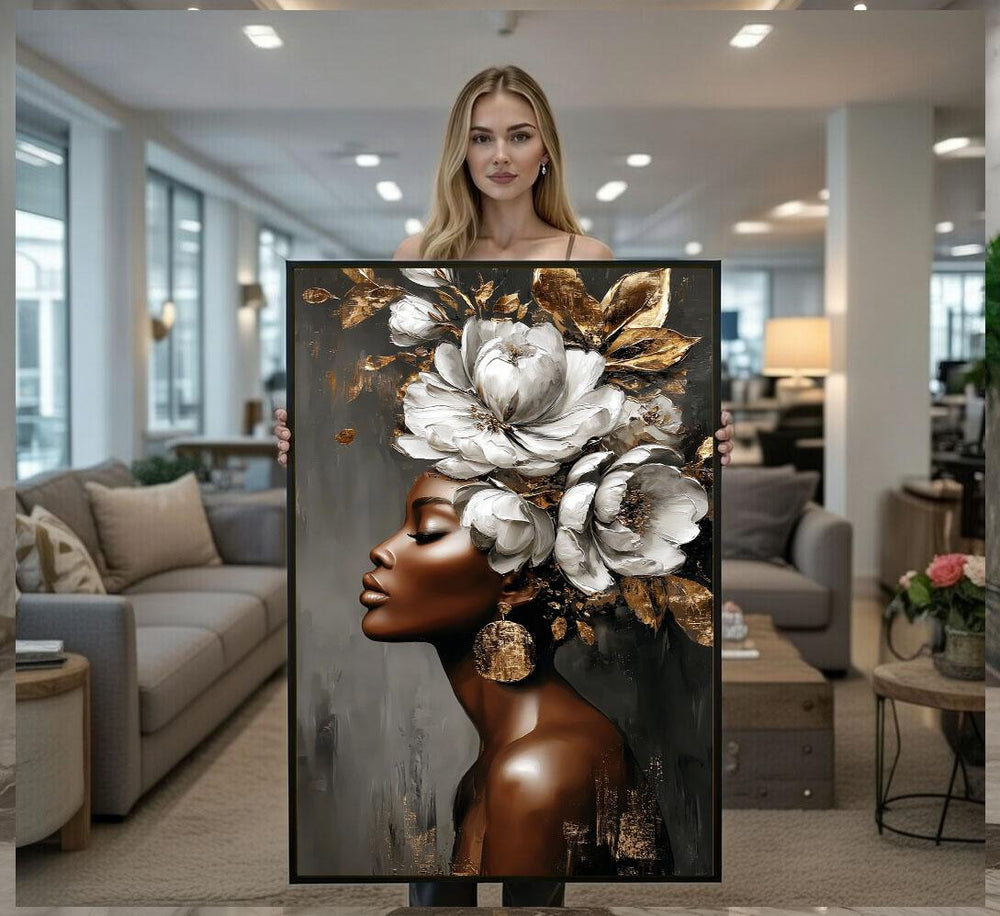 Floral African Woman Canvas  Gold White Portrait Art