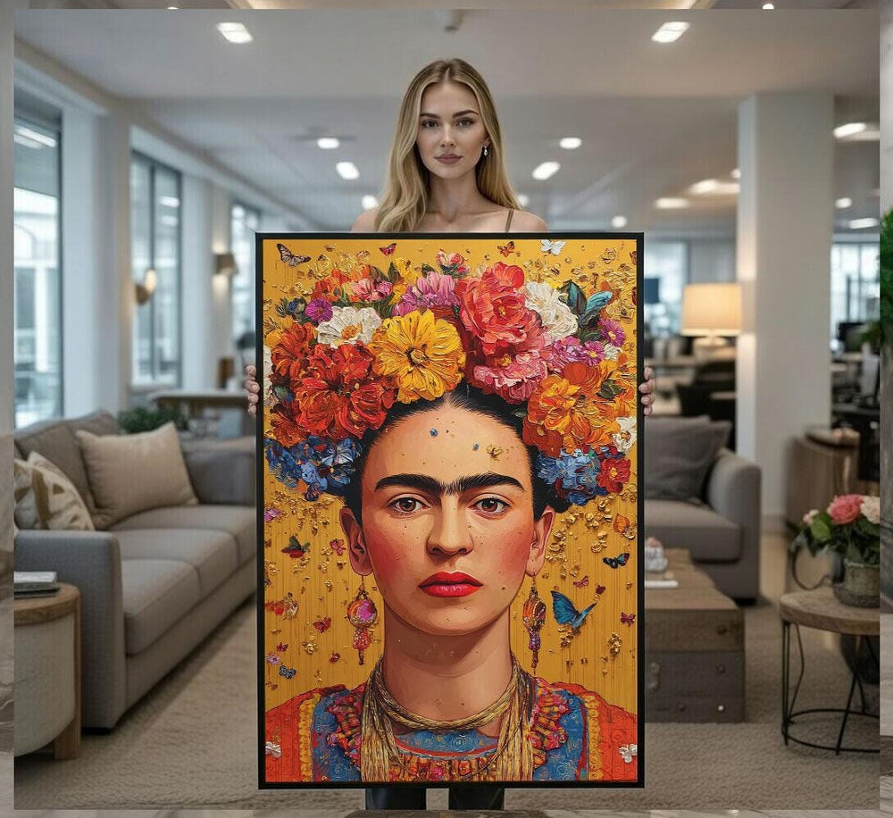 Frida Kahlo Inspired Portrait Canvas  Vibrant Floral Art Style