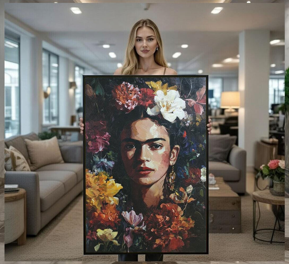 Frida Kahlo Floral Canvas  Vibrant Portrait Art