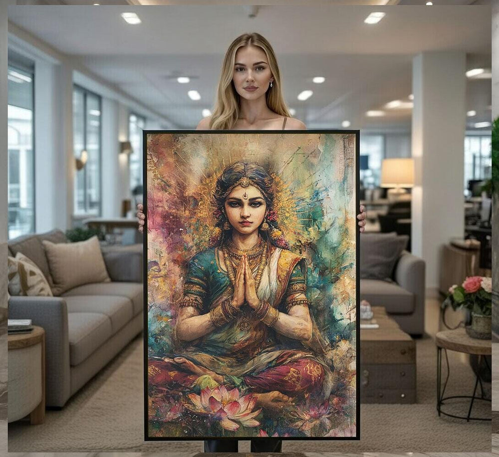Goddess Saraswati Canvas  Lotus Meditation Spiritual Art