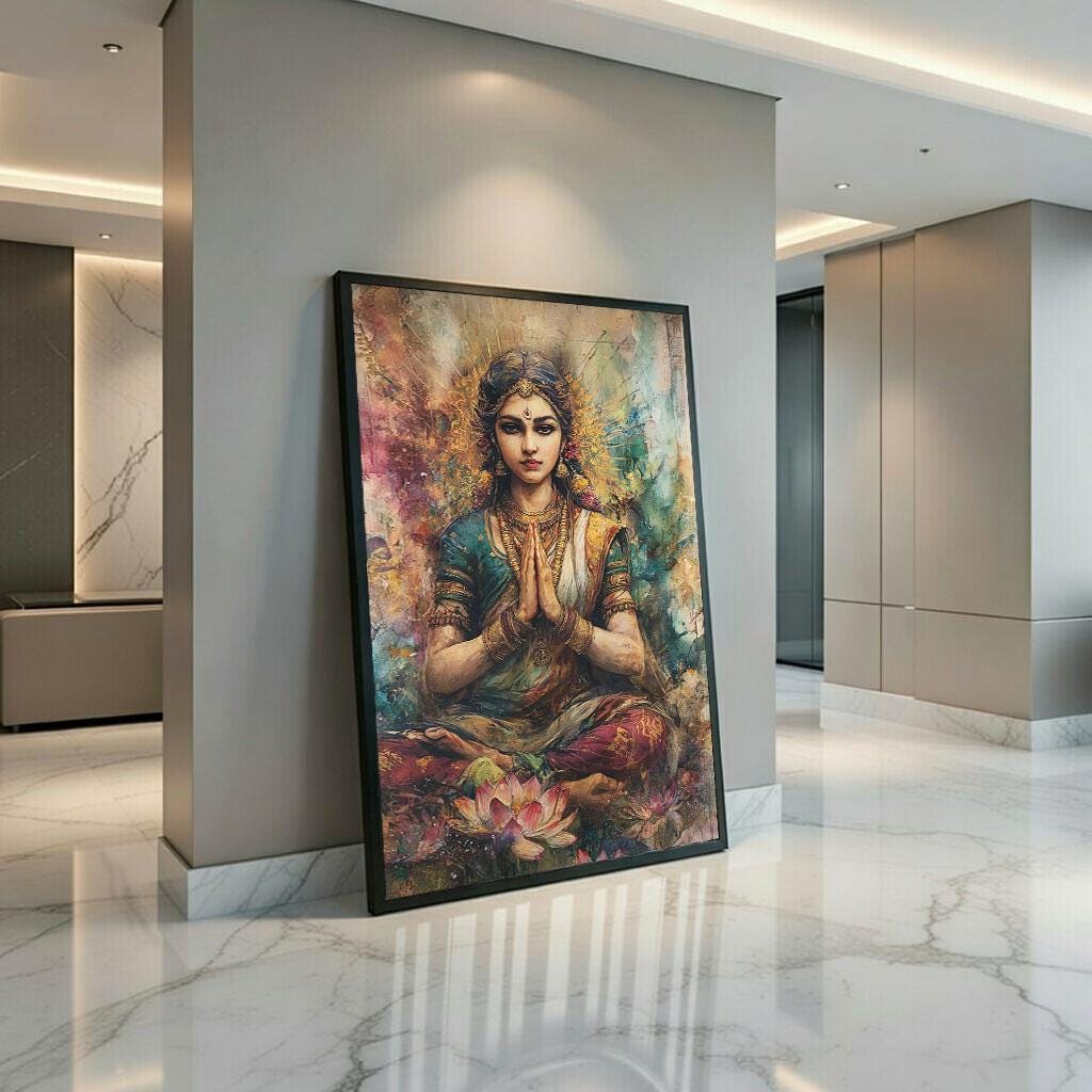 Image 3 of Goddess Saraswati Canvas | Lotus Meditation Spiritual Art