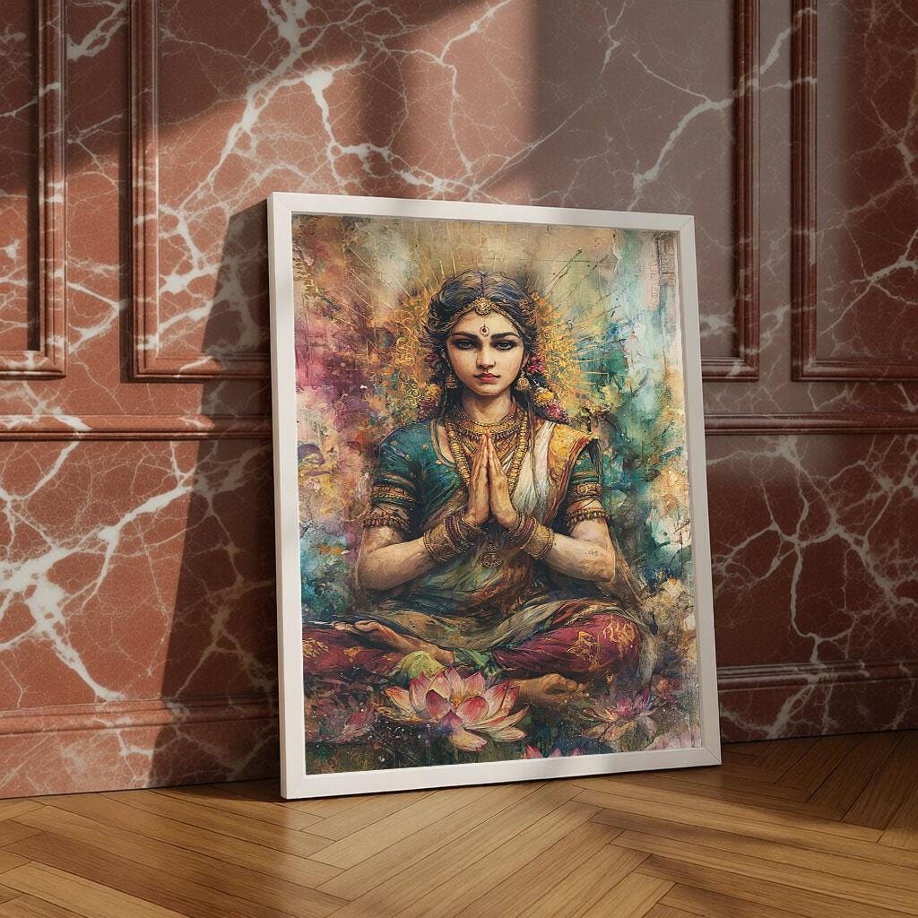 Image 4 of Goddess Saraswati Canvas | Lotus Meditation Spiritual Art