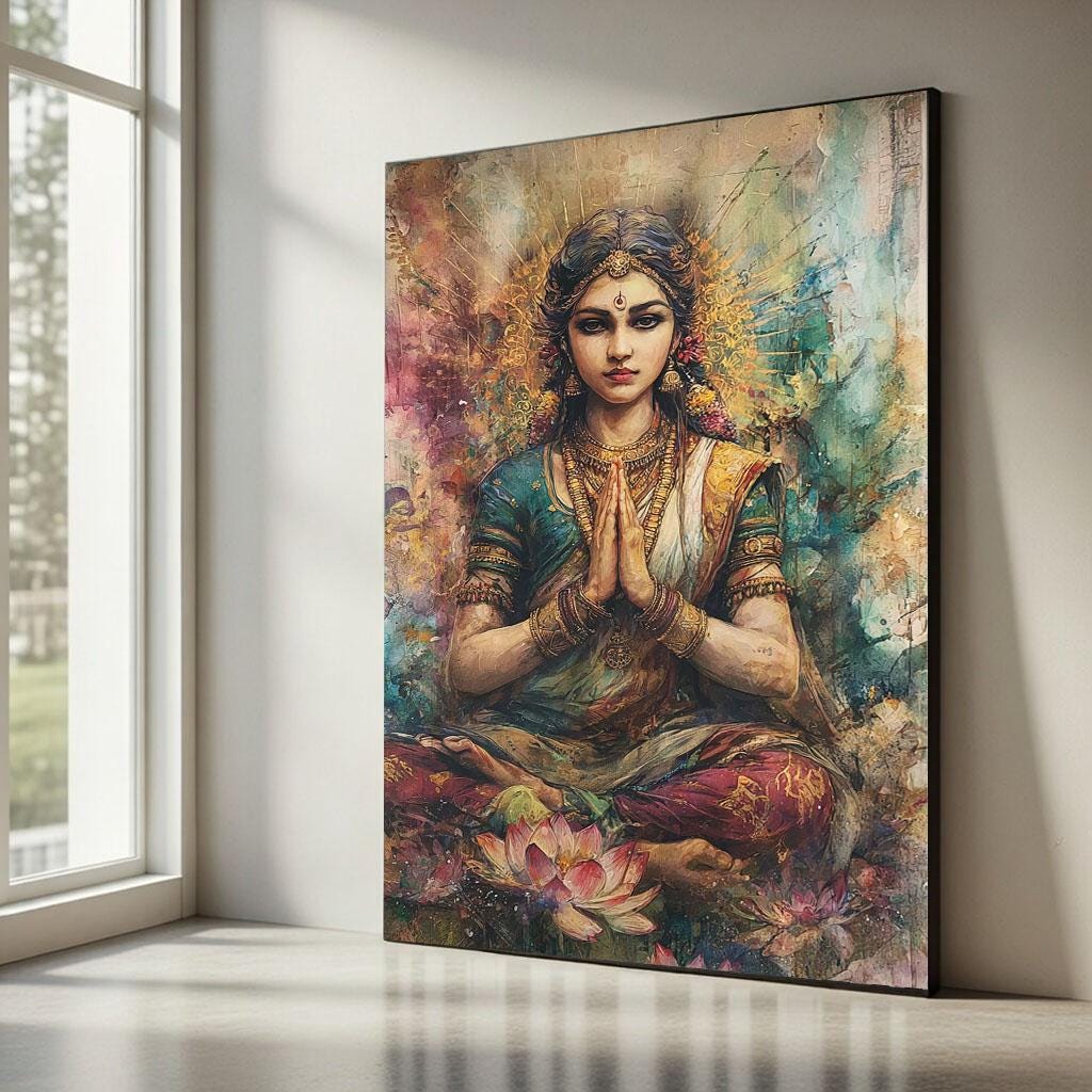 Image 5 of Goddess Saraswati Canvas | Lotus Meditation Spiritual Art