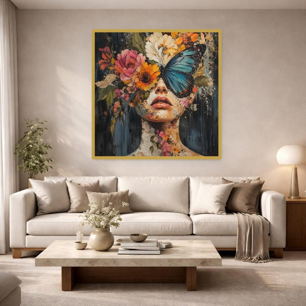 Floral Woman Portrait Framed Canvas Print, Black Red Floral Wall Art, Dark Romantic Bedroom Decor