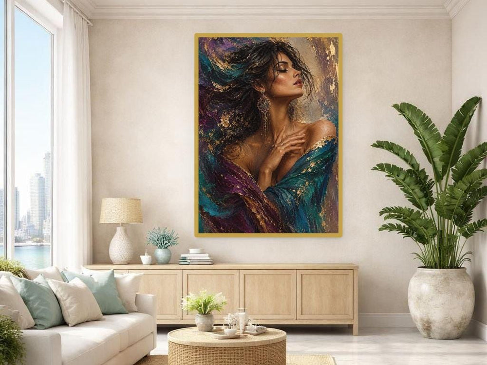 Gold Leaf Floral Woman Wall Art Print, Gold Leaf Botanical Portrait, Bedroom Gallery Decor