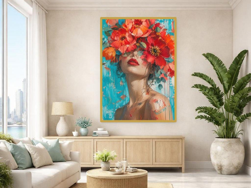 Floral Woman Portrait Canvas Wall Art, Dark Floral Portrait Print, Moody Bedroom Decor, Framed Canvas