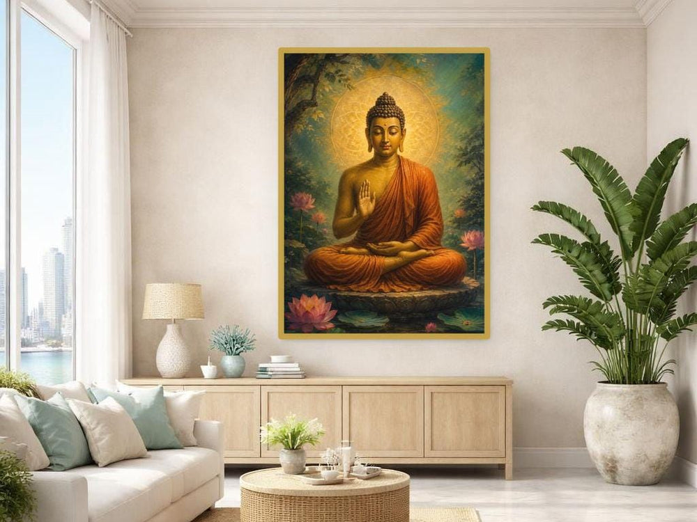 Gold Spiritual Serenity Golden Buddha in Lotus Canvas Wall Art, Buddha Art Print, Meditation Room Decor, Framed Canvas