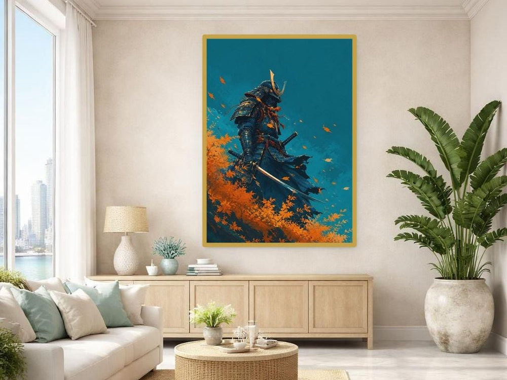Teal Samurai Warrior Framed Canvas Print, Japanese Warrior Wall Art, Modern Office Decor
