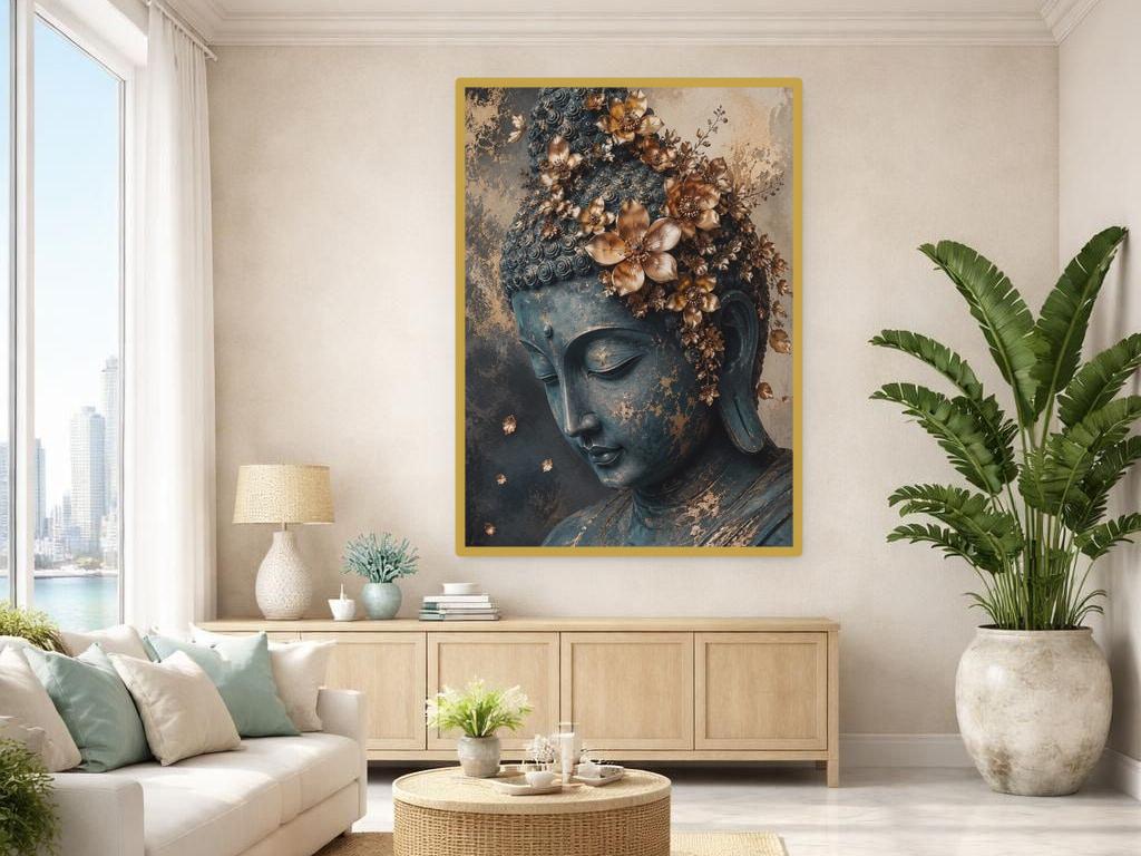 Golden Buddha Portrait Art Print, Zen Floral Art Canvas Wall Art, Meditation Room Decor, Framed Canvas