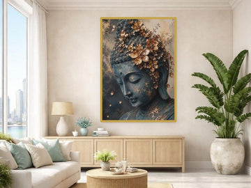 Golden Buddha Portrait Art Print, Zen Floral Art Canvas Wall Art, Meditation Room Decor, Framed Canvas