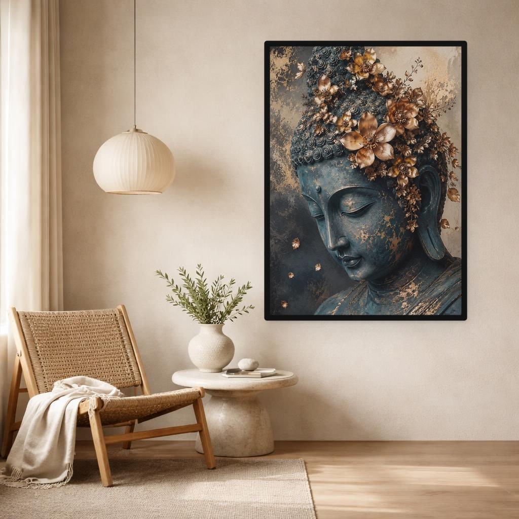 Golden Buddha Portrait Art Print, Zen Floral Art Canvas Wall Art, Meditation Room Decor, Framed Canvas