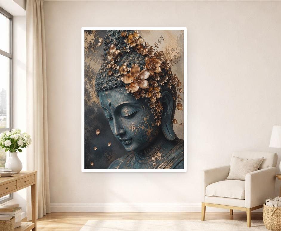 Golden Buddha Portrait Art Print, Zen Floral Art Canvas Wall Art, Meditation Room Decor, Framed Canvas