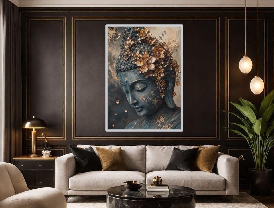 Golden Buddha Portrait Art Print, Zen Floral Art Canvas Wall Art, Meditation Room Decor, Framed Canvas