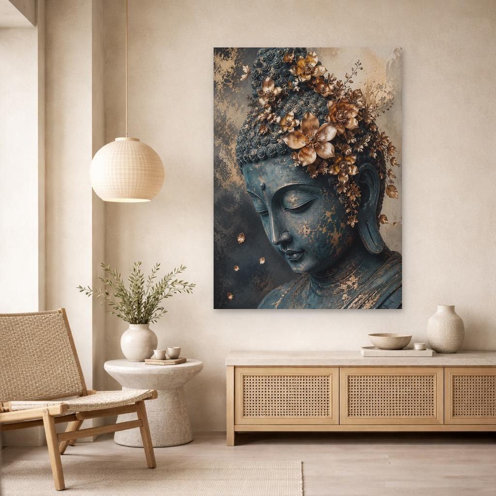 Golden Buddha Portrait Art Print, Zen Floral Art Canvas Wall Art, Meditation Room Decor, Framed Canvas