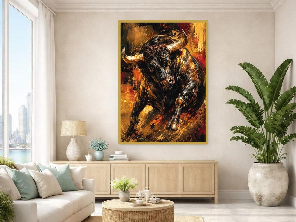 Black Bold Animal Art Charging Bull Canvas Print, Wall Art, Office Decor, Framed Canvas